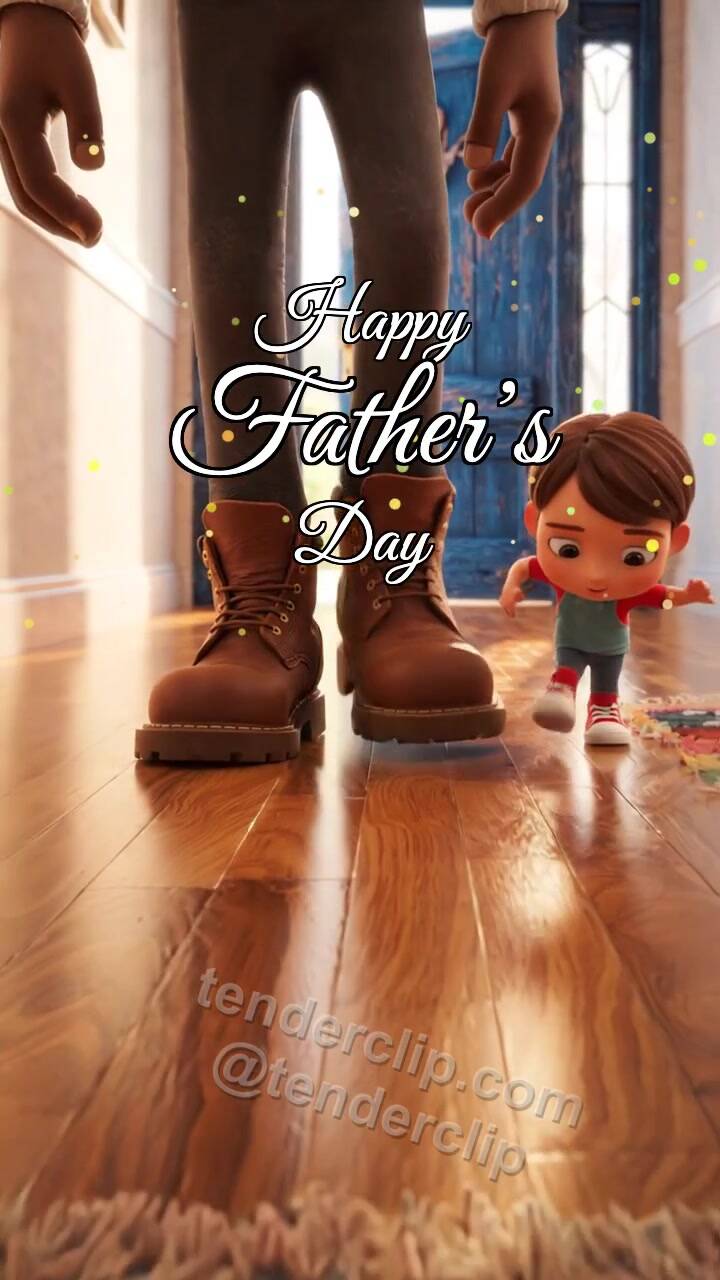 Animated greeting card about Happy Father’s Day: big boots and small steps