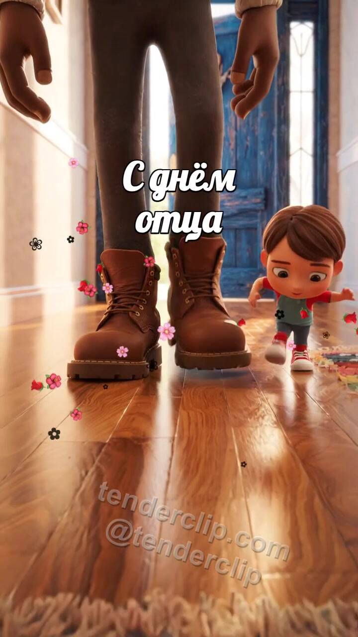 Анимационная открытка на тему С днём отца: два больших ботинка и маленькие шаги рядом