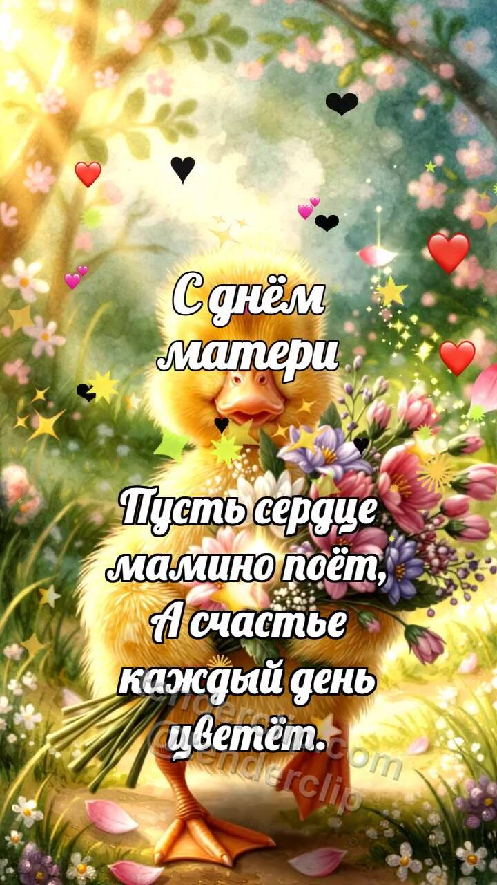 Анимационная открытка на тему С днём матери: Утёнок несёт цветы маме