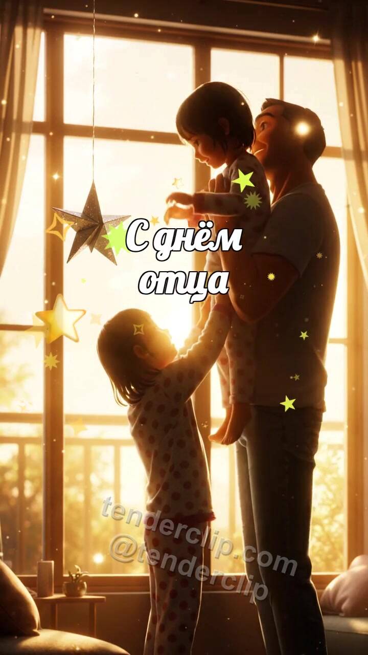 Анимационная открытка на тему С днём отца: папа поднимает ребёнка к звезде