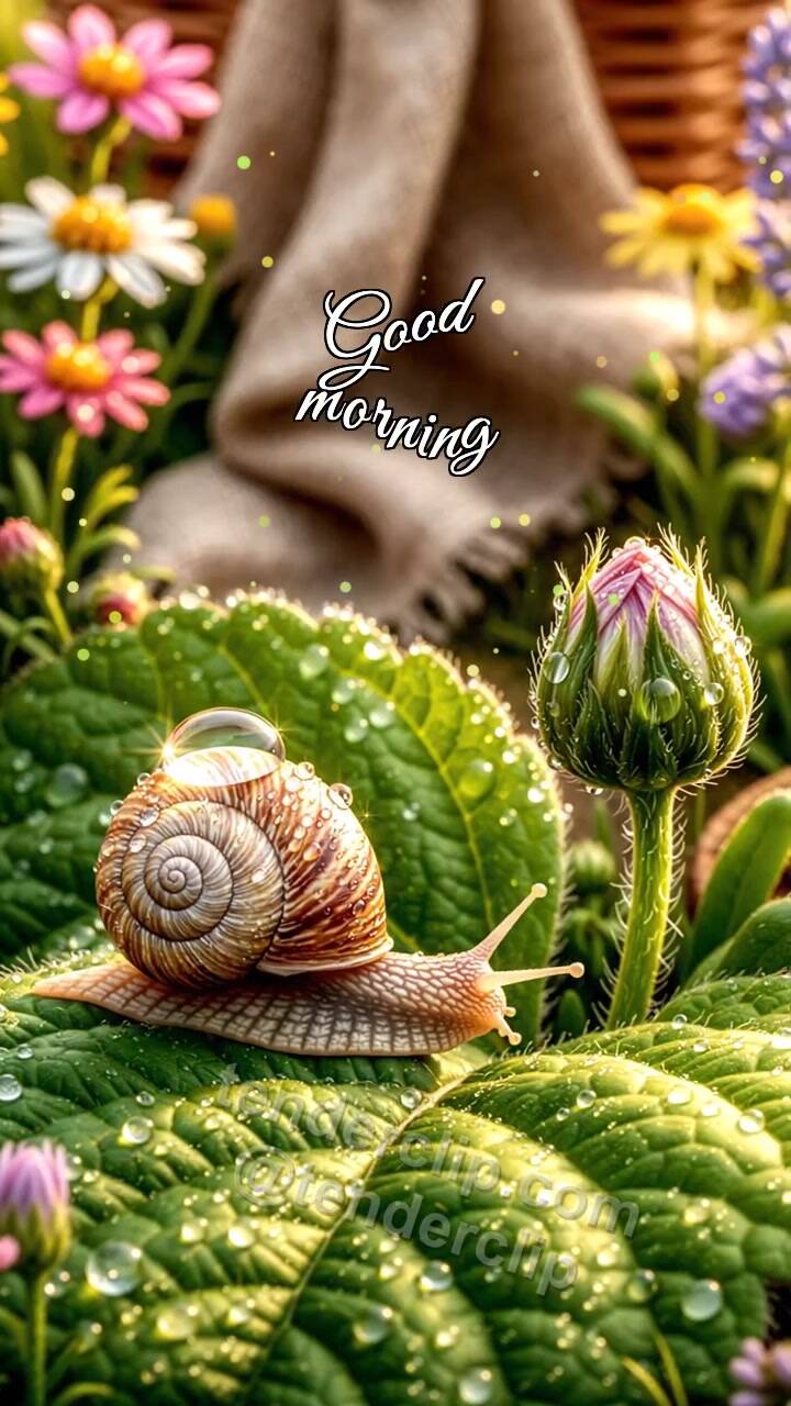 Animated greeting card about Good morning: snail carries dew to a flower