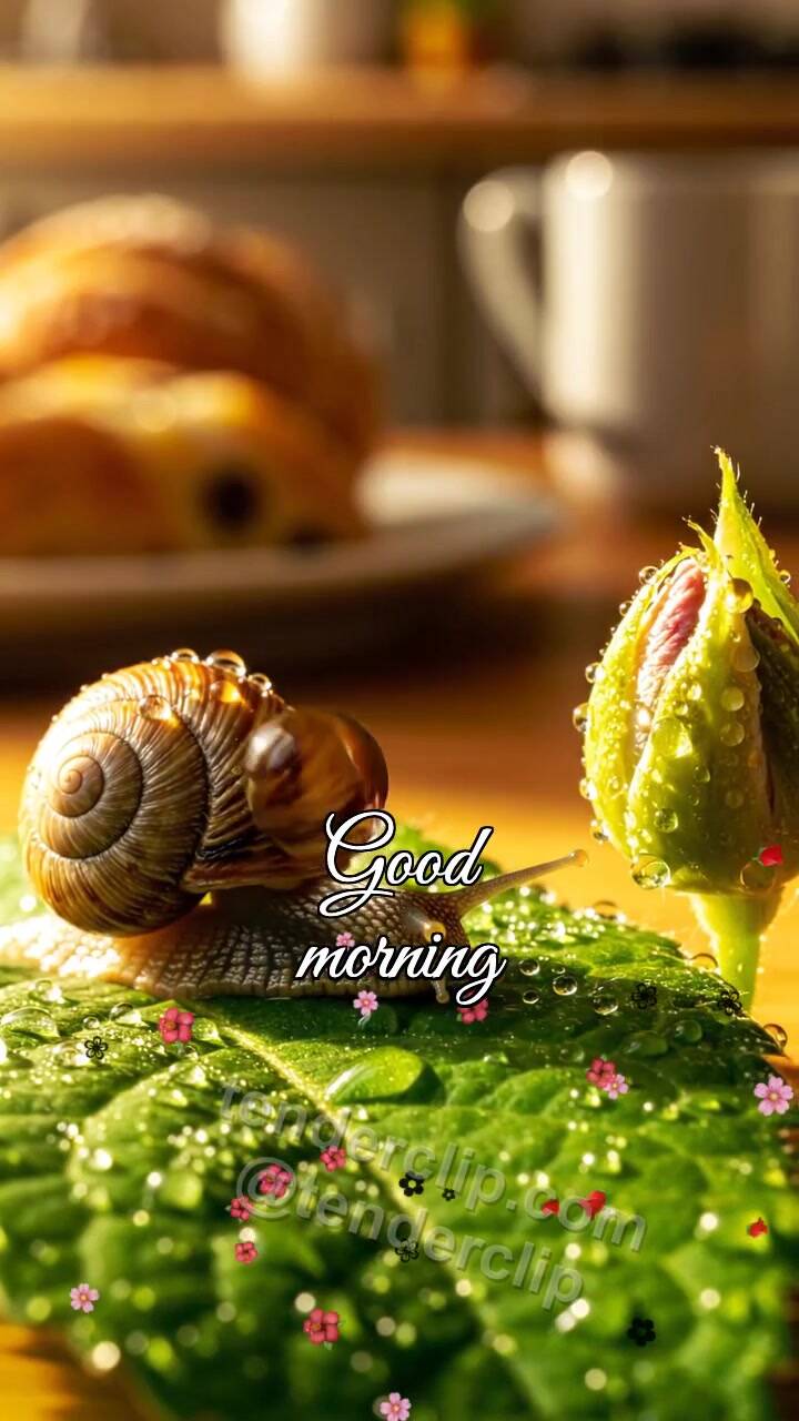 Animated greeting card about Good morning: snail carries dew to a flower