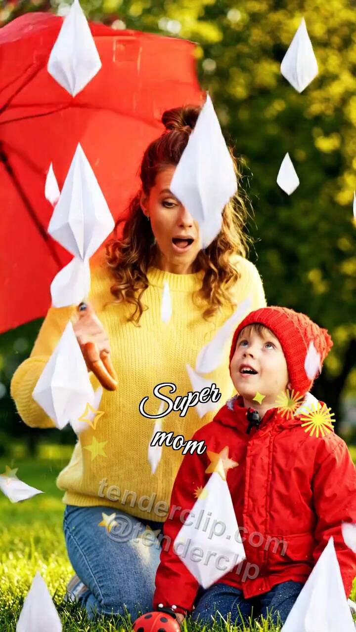 Animated greeting card about Super mom: mom opens umbrella in time