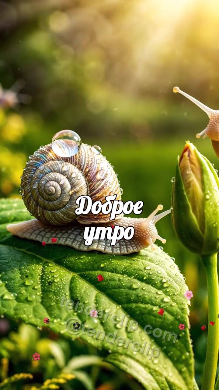 Анимационная открытка на тему Доброе утро: улитка несёт росинку к цветку