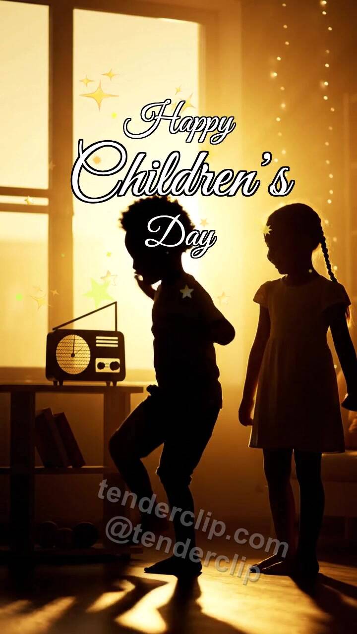 Animated greeting card about Happy Children’s Day: дети танцуют в комнате