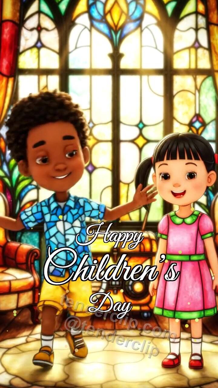 Animated greeting card about Happy Children’s Day: дети танцуют в комнате