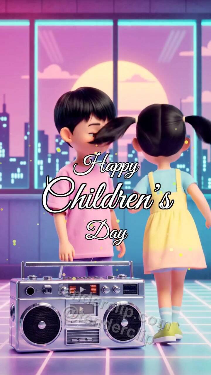 Animated greeting card about Happy Children’s Day: дети танцуют в комнате