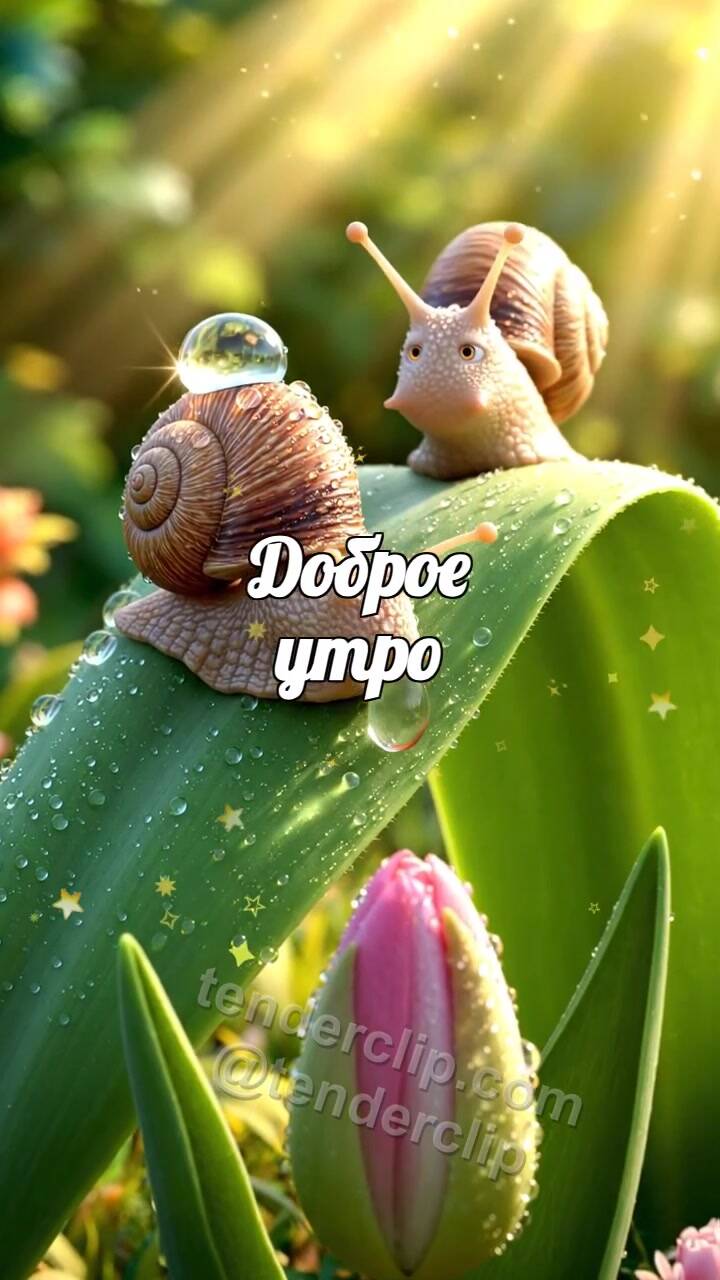 Анимационная открытка на тему Доброе утро: улитка несёт росинку к цветку