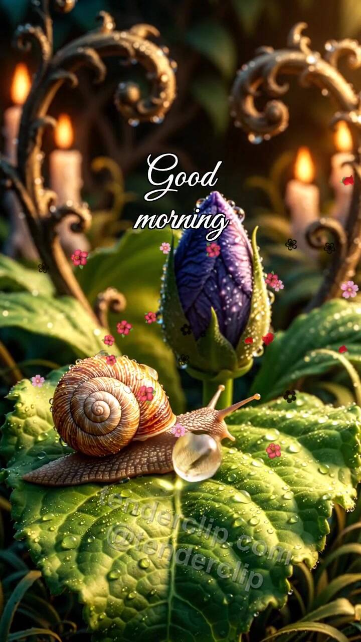 Animated greeting card about Good morning: snail carries dew to a flower
