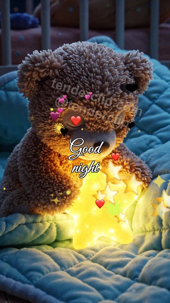 Animated greeting card about Good night: teddy bear tucks a little star under a blanket