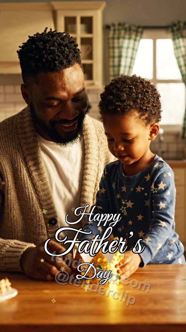 Animated greeting card about Happy Father’s Day: child gives dad a small crown
