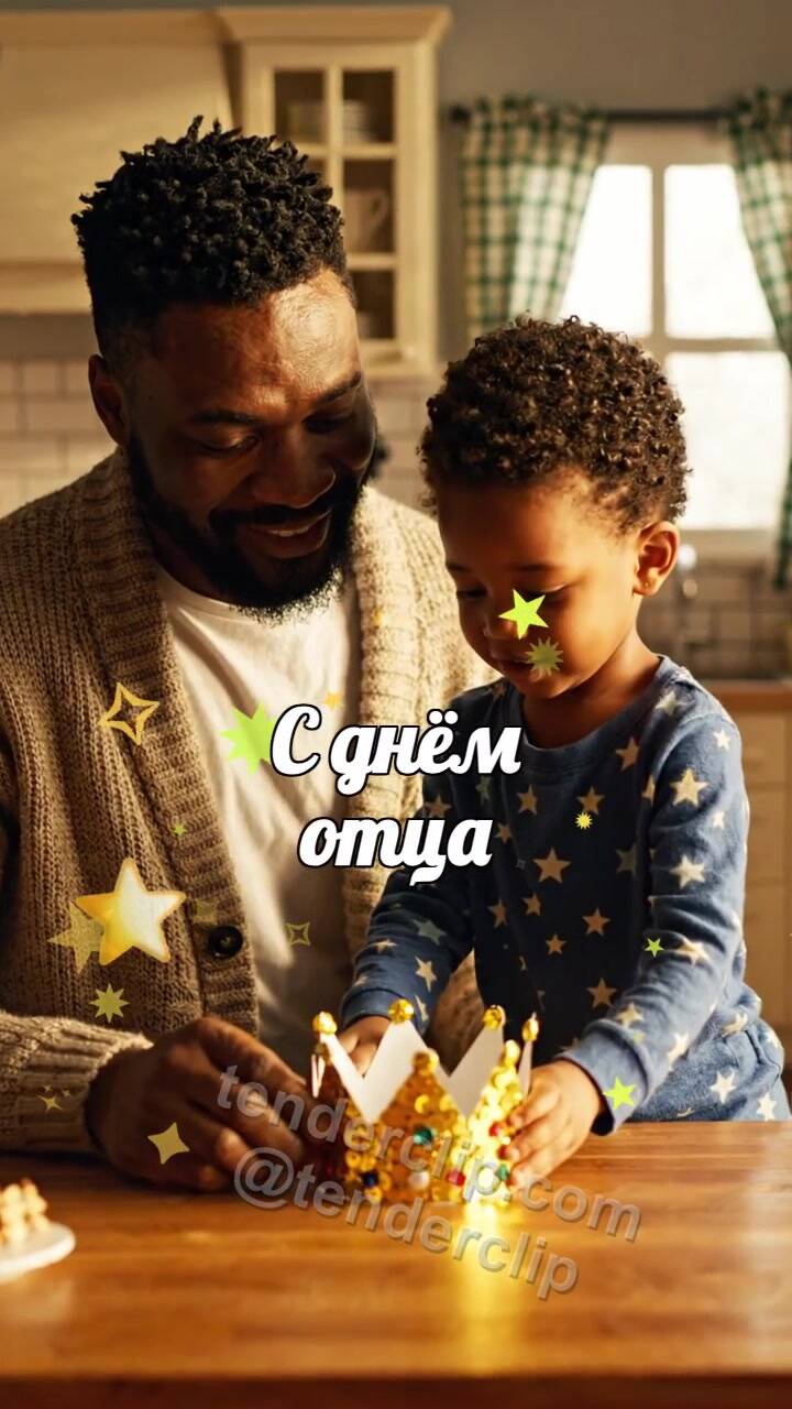 Анимационная открытка на тему С днём отца: ребёнок дарит папе маленькую корону