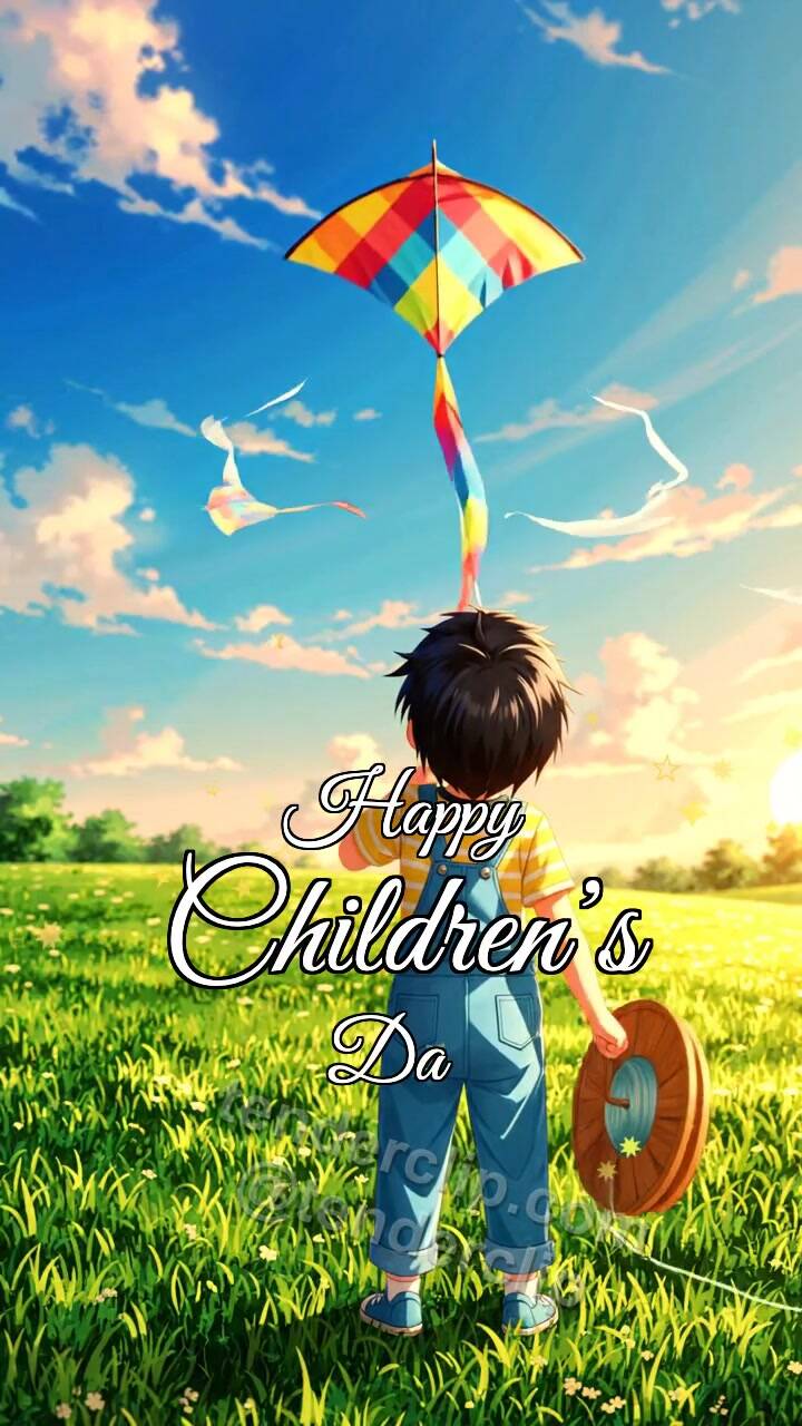 Animated greeting card about Happy Children’s Day: kite lifts for the first time