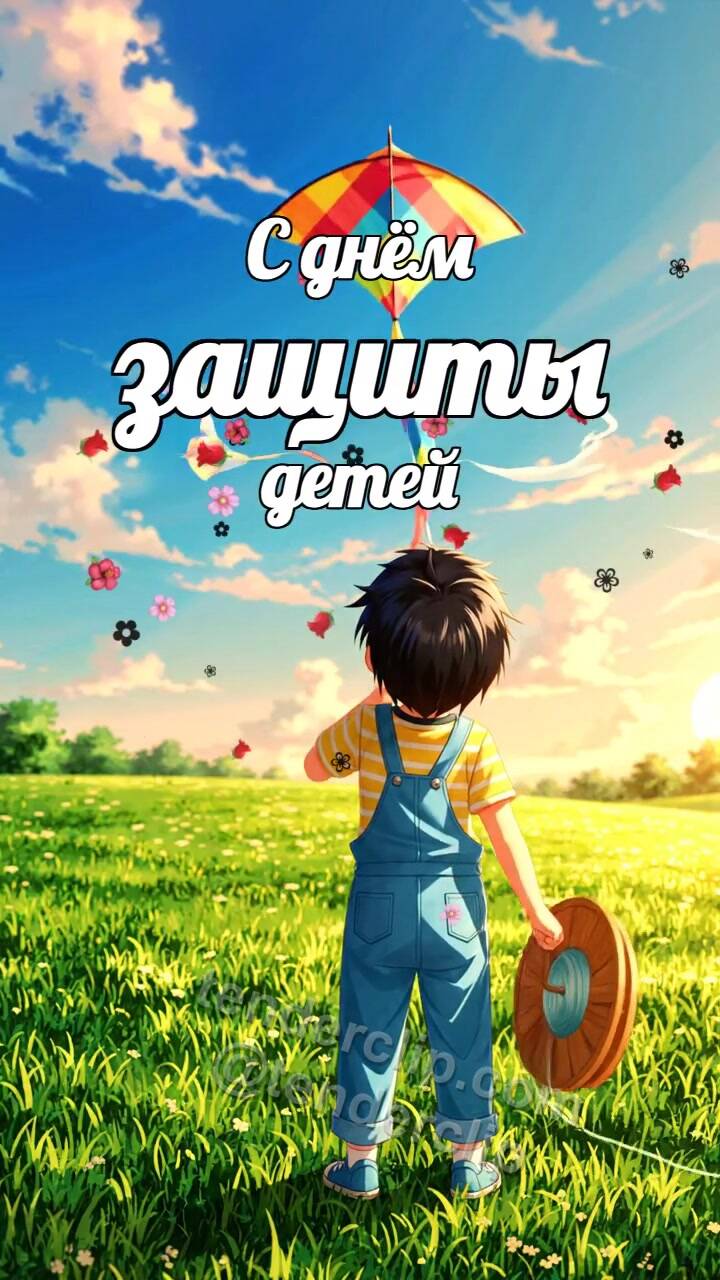 Анимационная открытка на тему С днём защиты детей: бумажный змей впервые взлетает