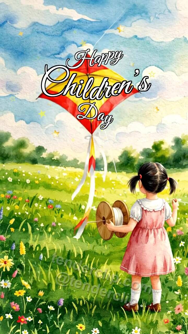 Animated greeting card about Happy Children’s Day: kite lifts for the first time
