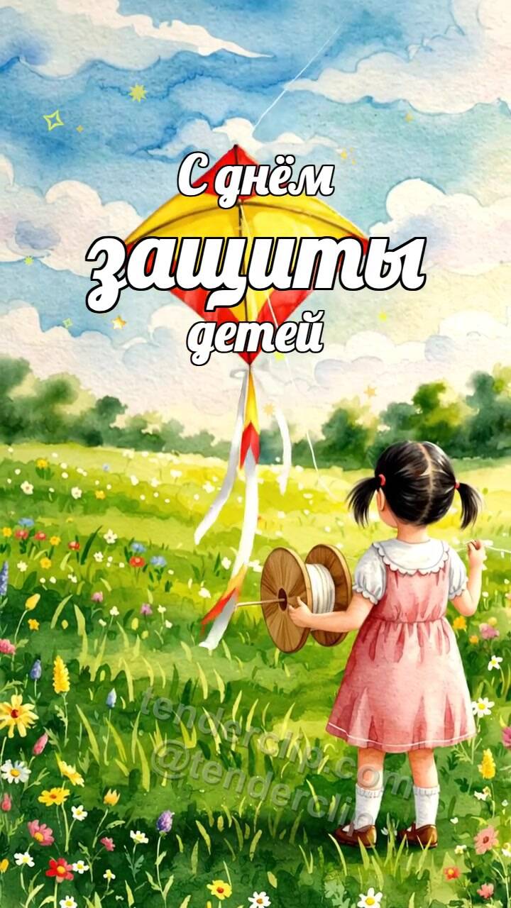 Анимационная открытка на тему С днём защиты детей: бумажный змей впервые взлетает