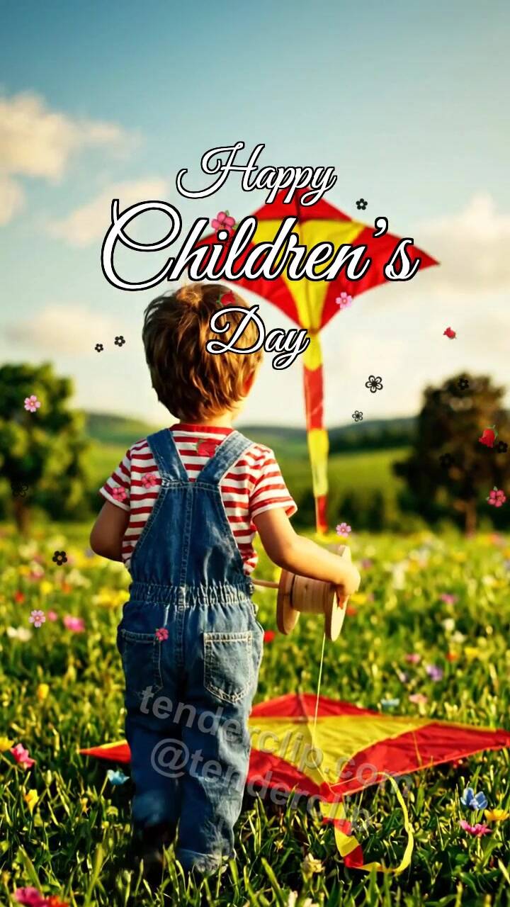 Animated greeting card about Happy Children’s Day: kite lifts for the first time