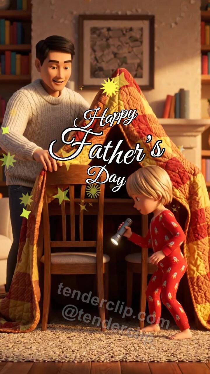 Animated greeting card about Happy Father’s Day: blanket becomes a fort