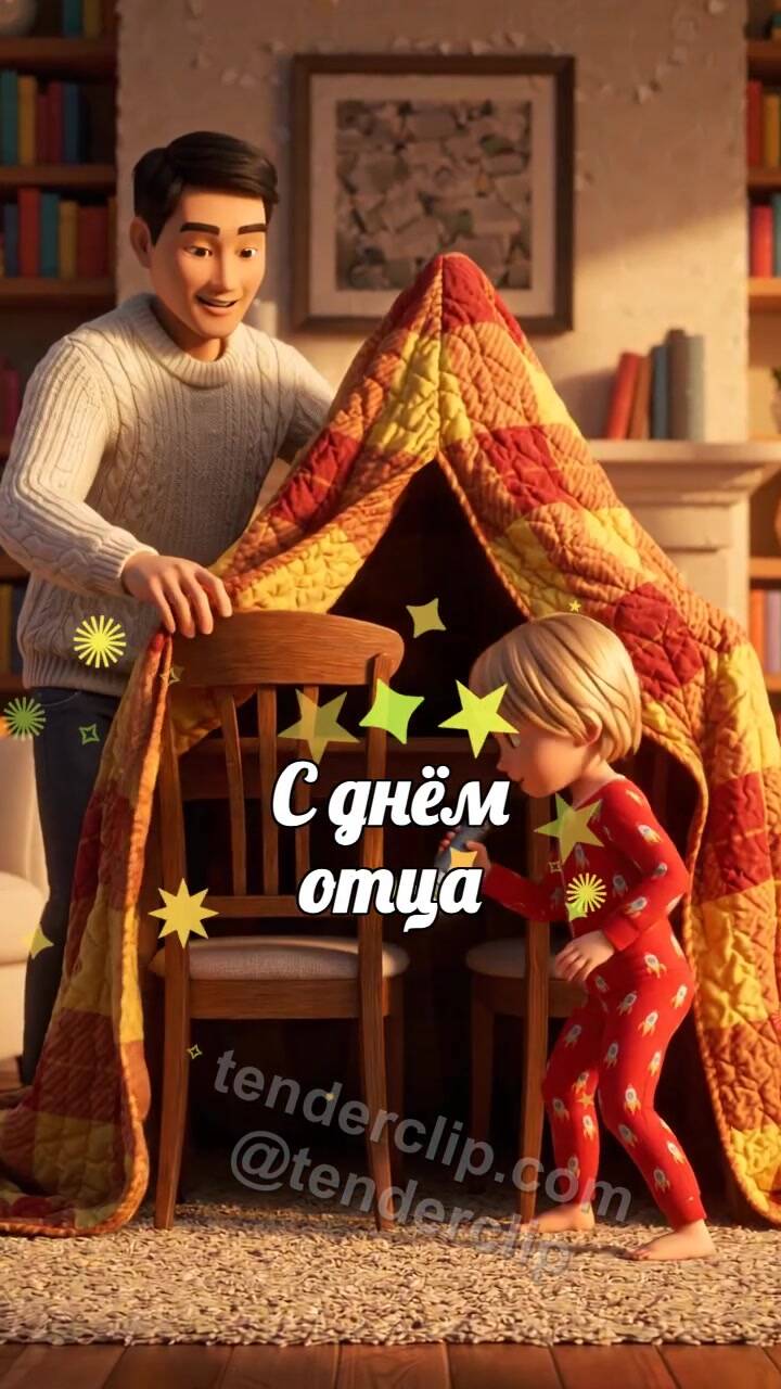Анимационная открытка на тему С днём отца: папин плед превращается в крепость