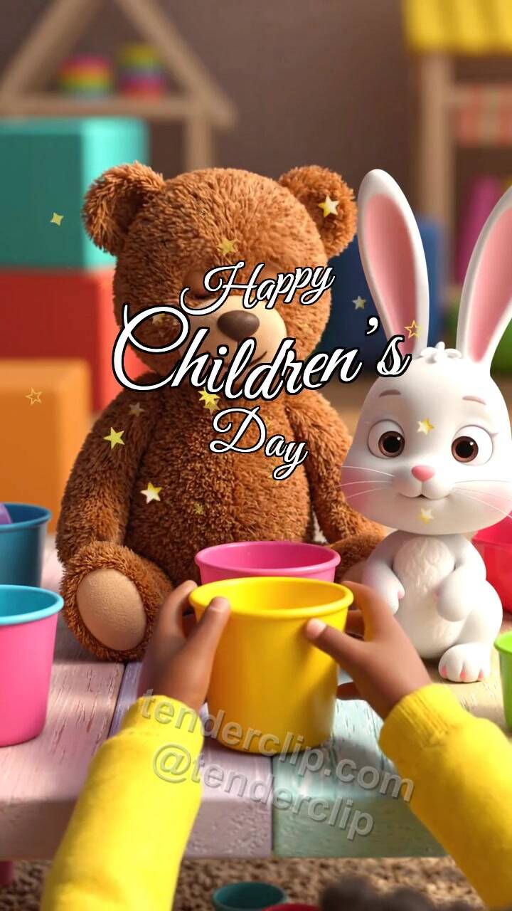 Animated greeting card about Happy Children’s Day: toys have a tea party