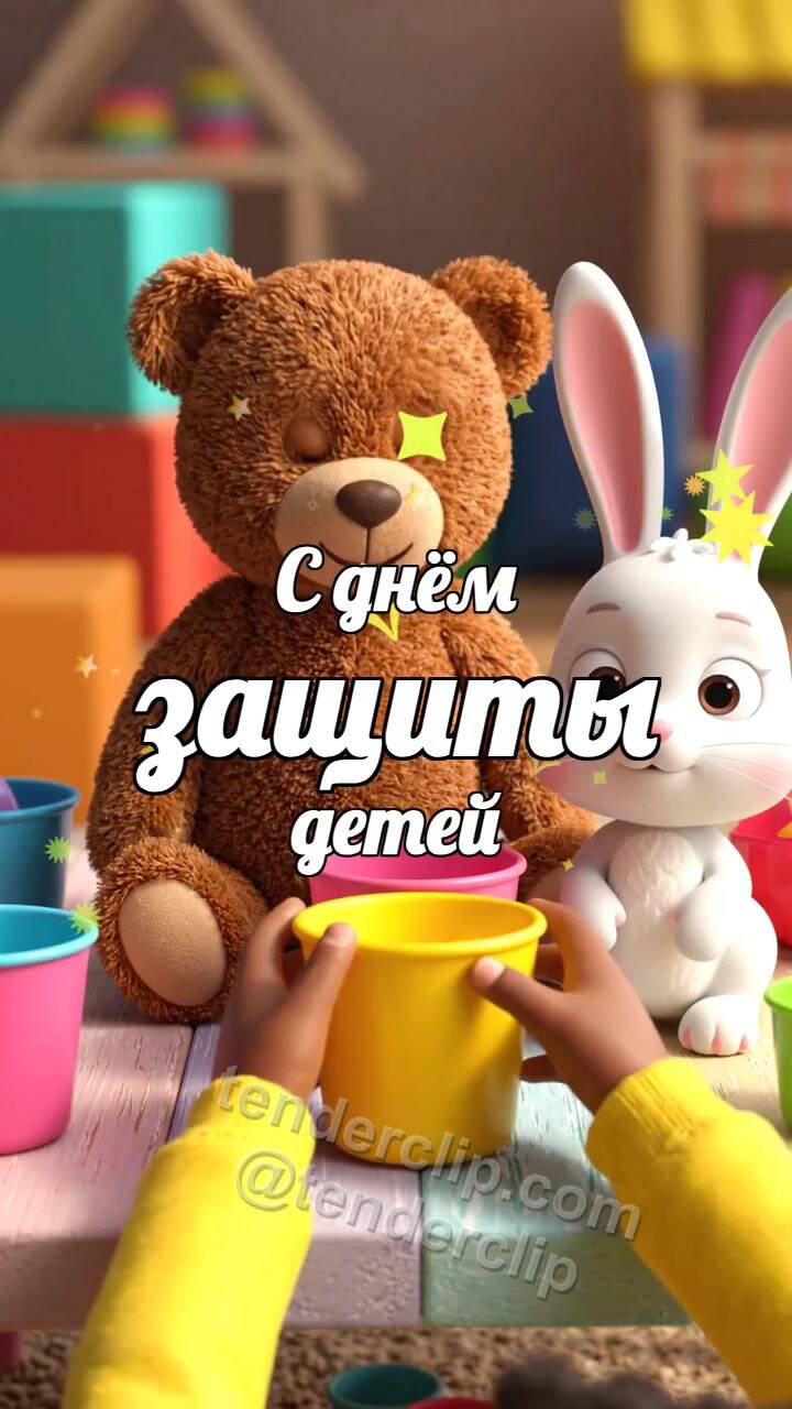 Анимационная открытка на тему С днём защиты детей: плюшевые игрушки устраивают чаепитие