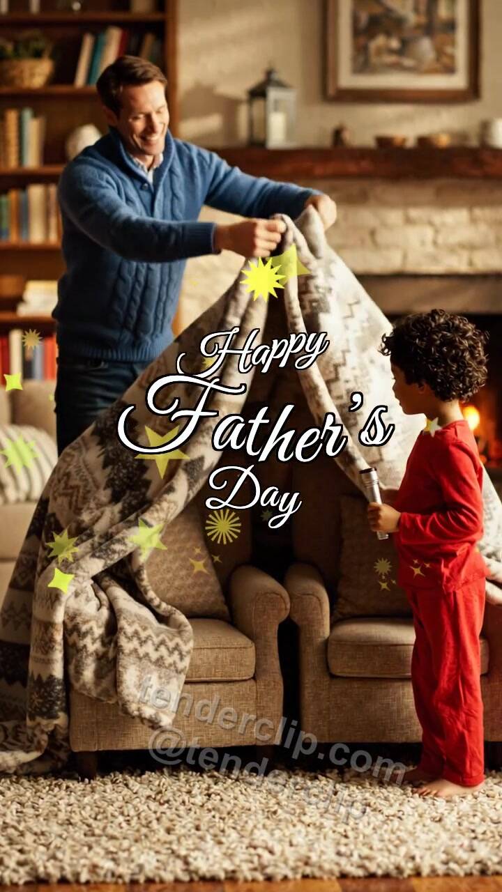 Animated greeting card about Happy Father’s Day: blanket becomes a fort