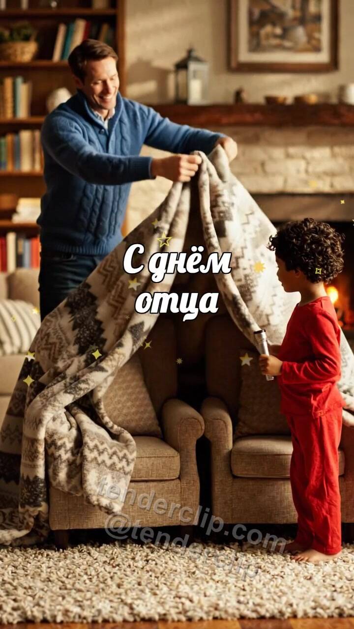 Анимационная открытка на тему С днём отца: папин плед превращается в крепость