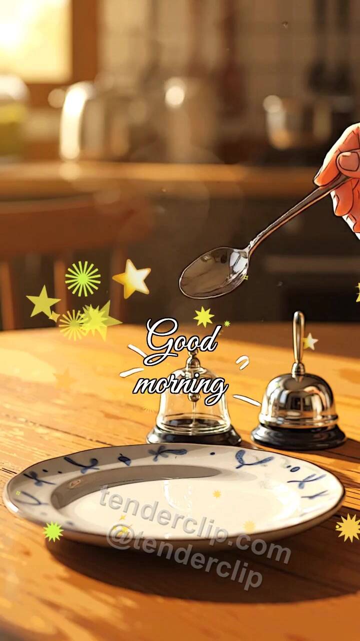 Animated greeting card about Good morning: teaspoon rings a breakfast bell
