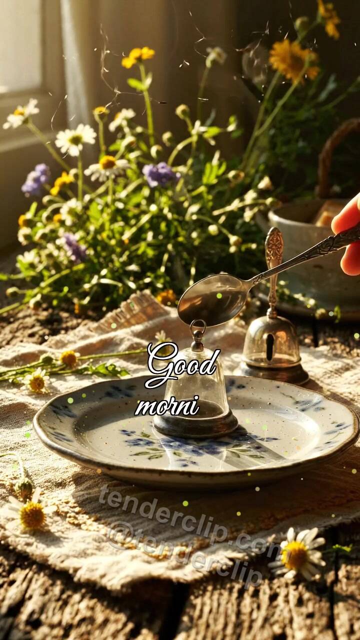 Animated greeting card about Good morning: teaspoon rings a breakfast bell