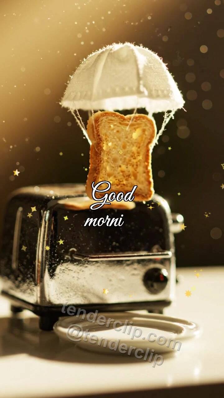 Animated greeting card about Good morning: toast parachutes to the plate