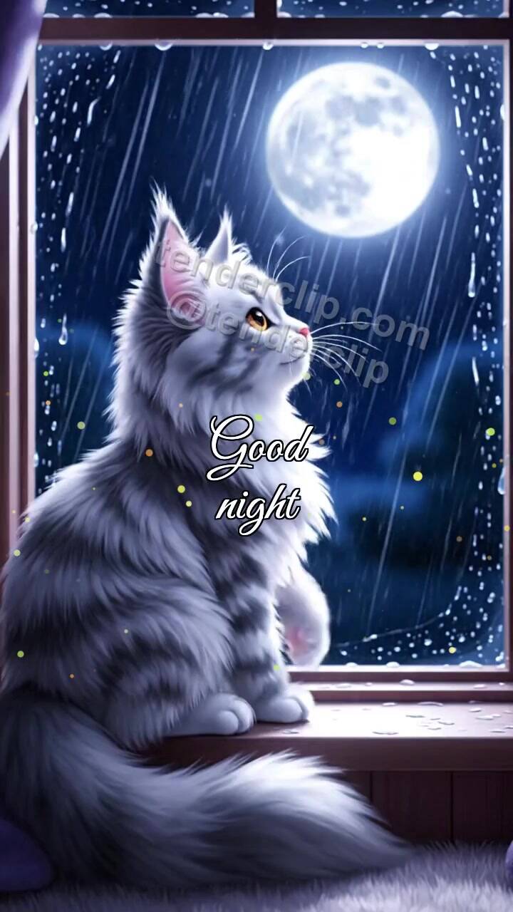 Animated greeting card about Good night: Sleepy Cat Window