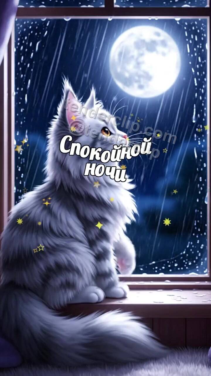 Анимационная открытка на тему Спокойной ночи: кот засыпает у дождливого окна