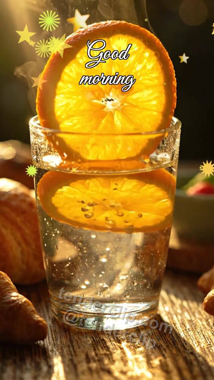 Animated greeting card about Good morning: orange slice rises in a glass