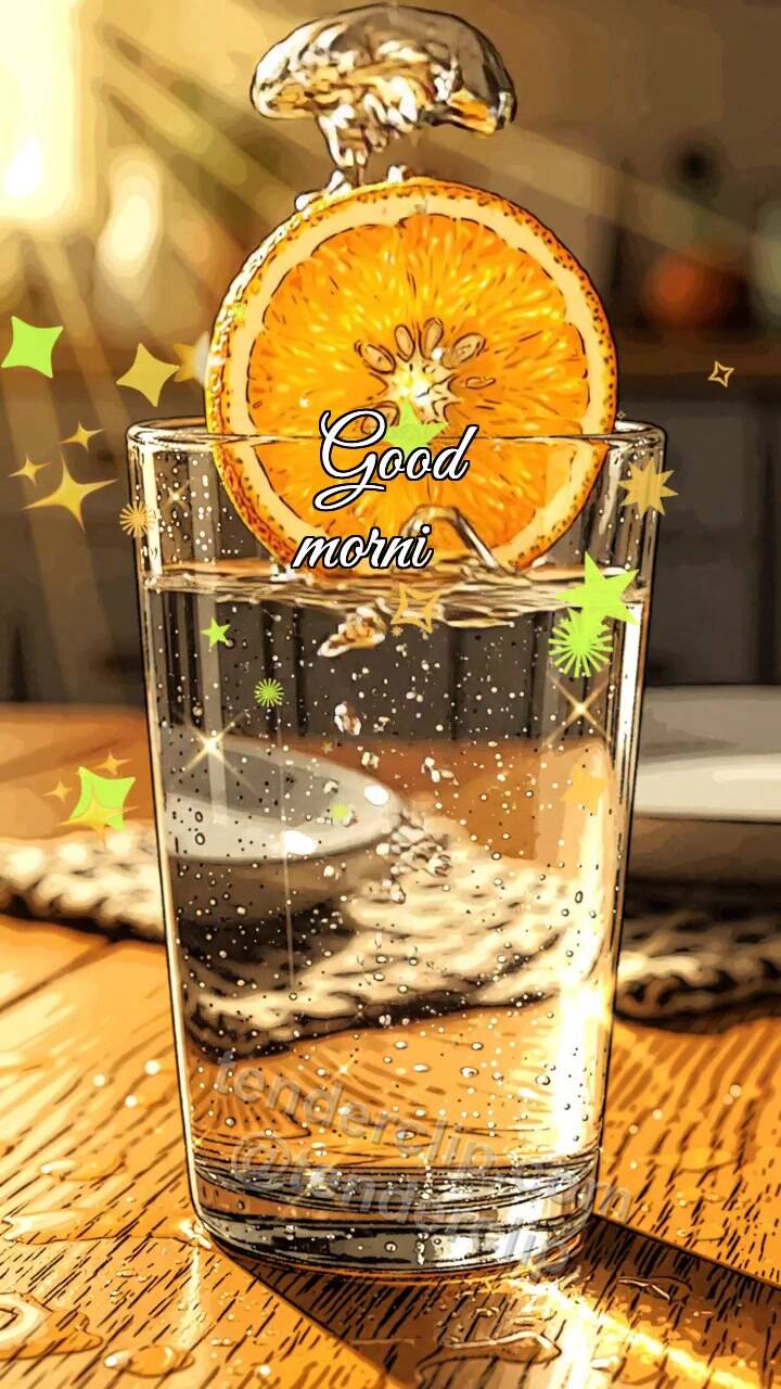 Animated greeting card about Good morning: orange slice rises in a glass
