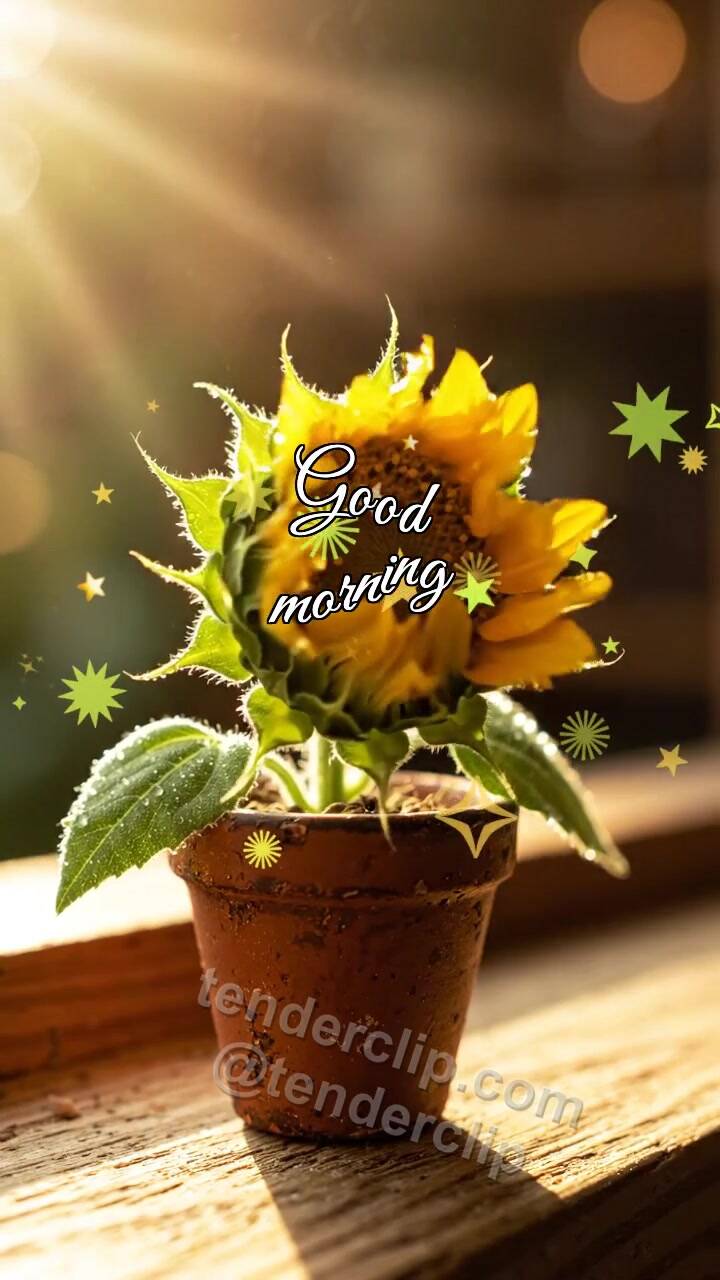 Animated greeting card about Good morning: sunflower stretches on the windowsill