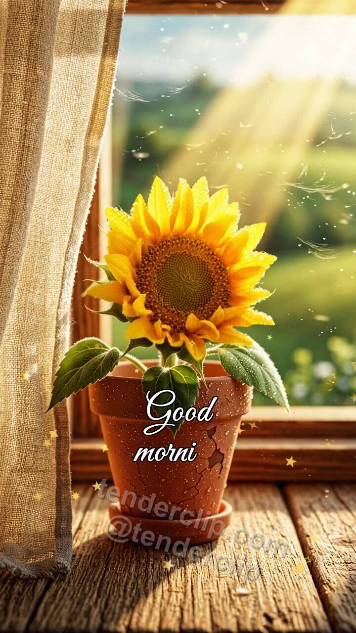 Animated greeting card about Good morning: sunflower stretches on the windowsill