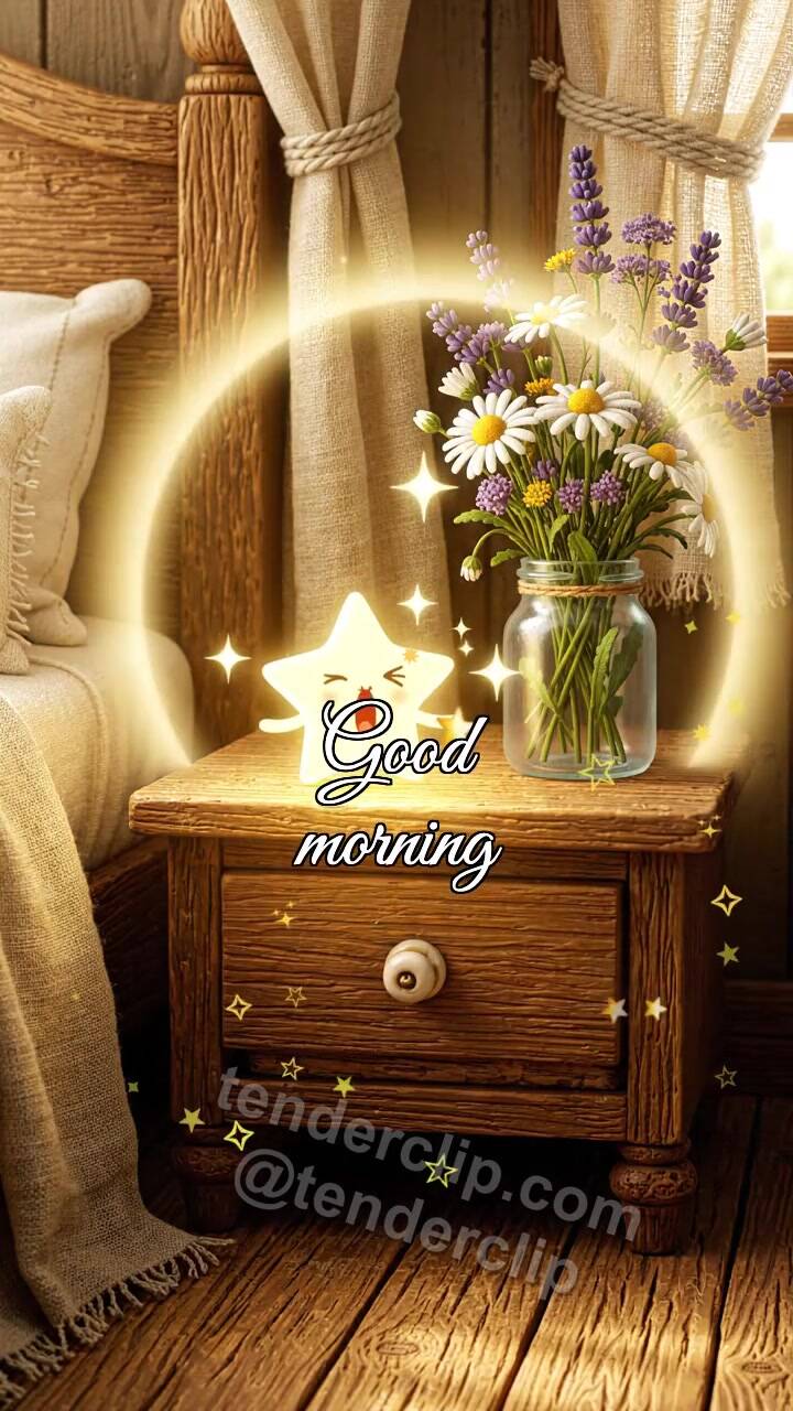 Animated greeting card about Good morning: sleepy star enters the drawer
