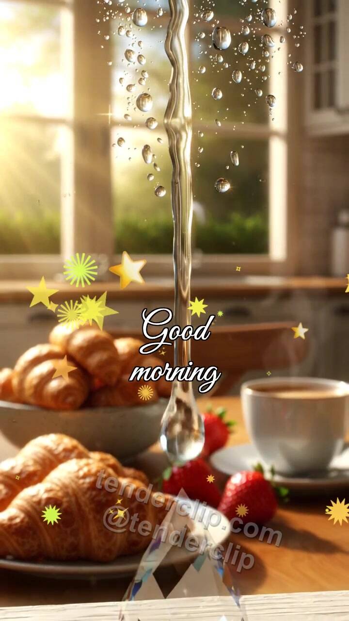 Animated greeting card about Good morning: dewdrop lights a window prism