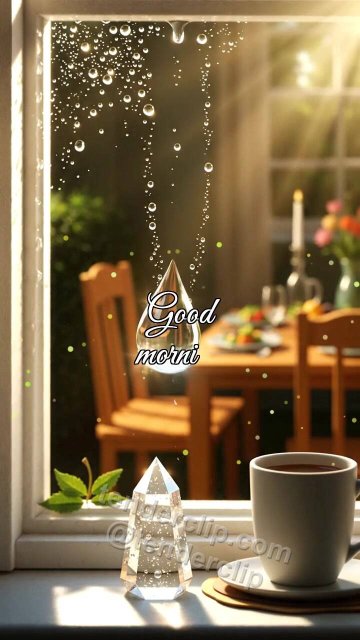 Animated greeting card about Good morning: dewdrop lights a window prism