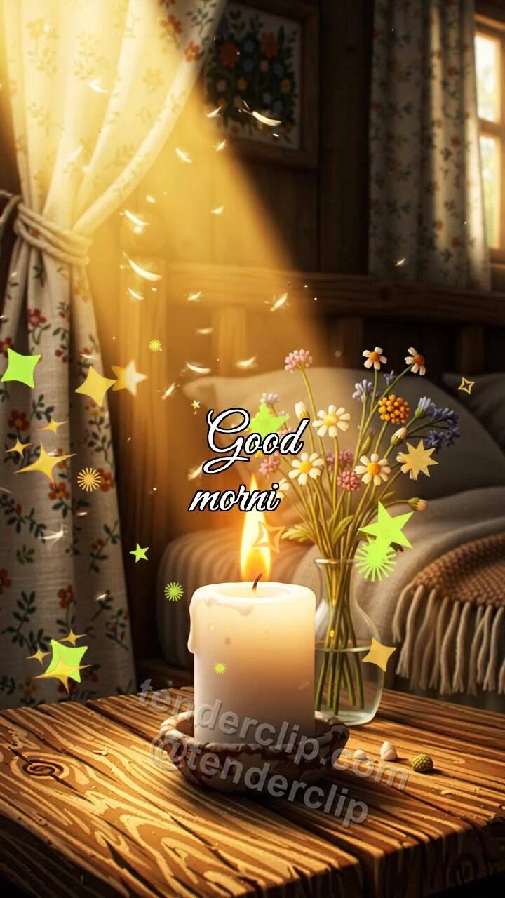 Animated greeting card about Good morning: candle bows to sunlight
