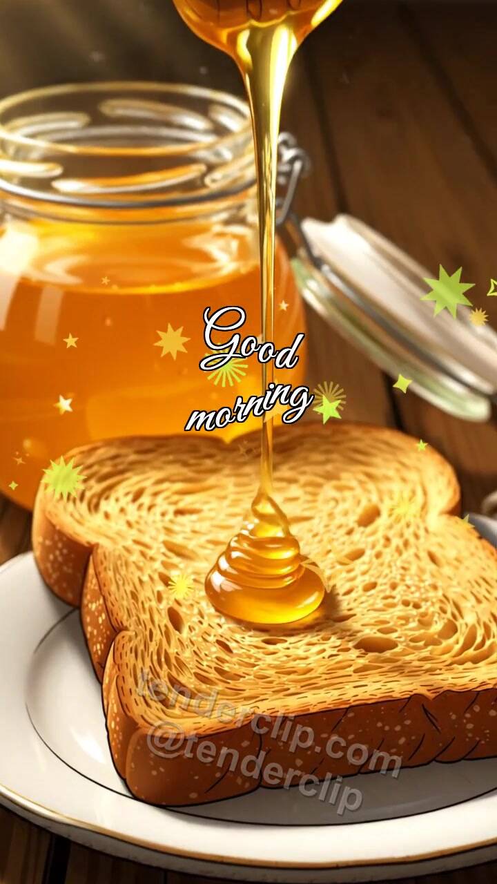 Animated greeting card about Good morning: honey drop lands on toast