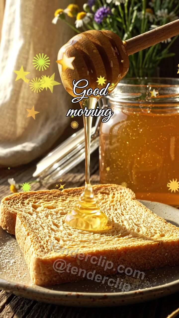 Animated greeting card about Good morning: honey drop lands on toast