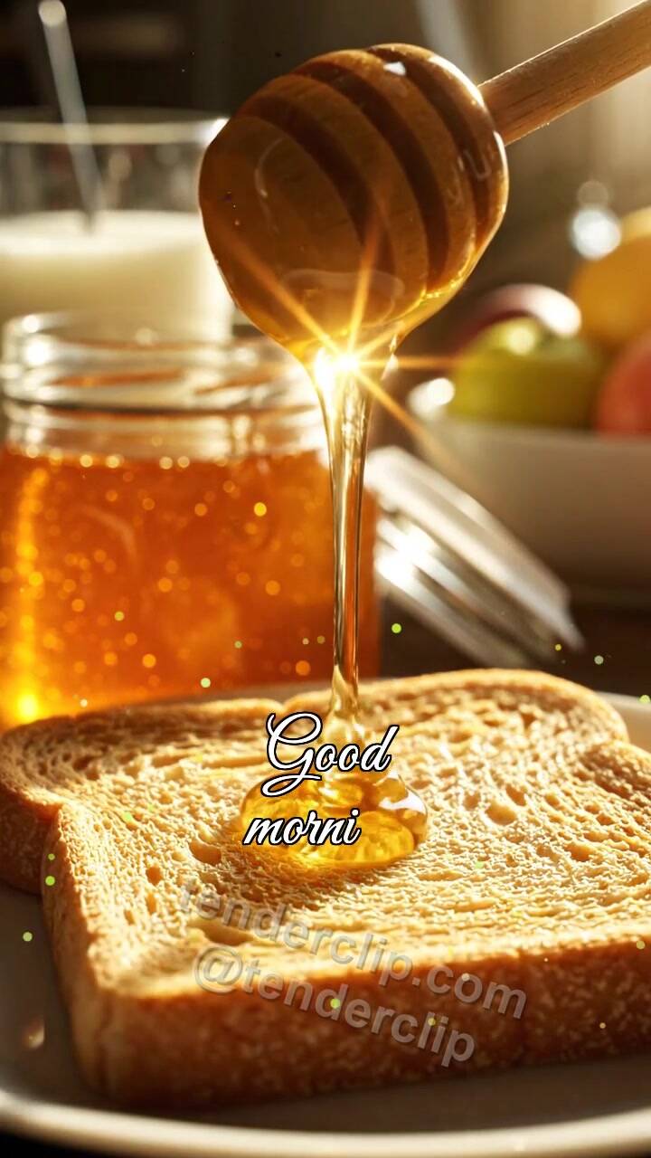 Animated greeting card about Good morning: honey drop lands on toast