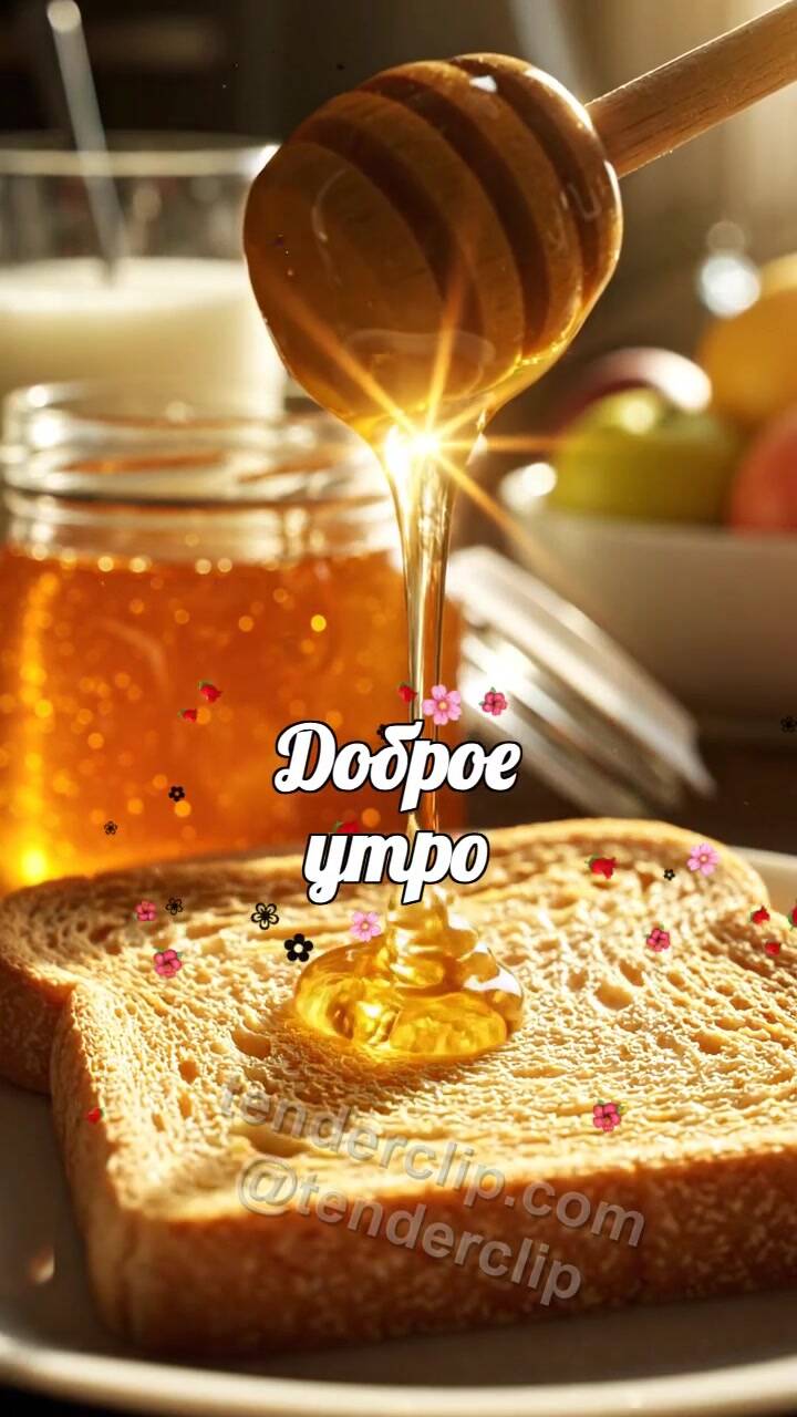 Анимационная открытка на тему Доброе утро: капля мёда ложится на тост