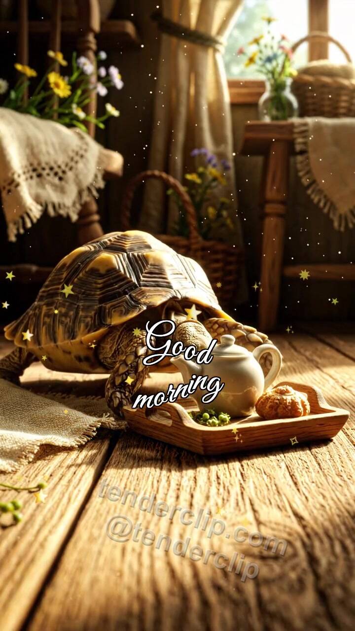 Animated greeting card about Good morning: turtle pushes breakfast tray