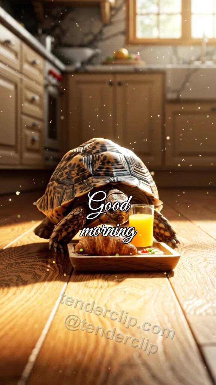 Animated greeting card about Good morning: turtle pushes breakfast tray