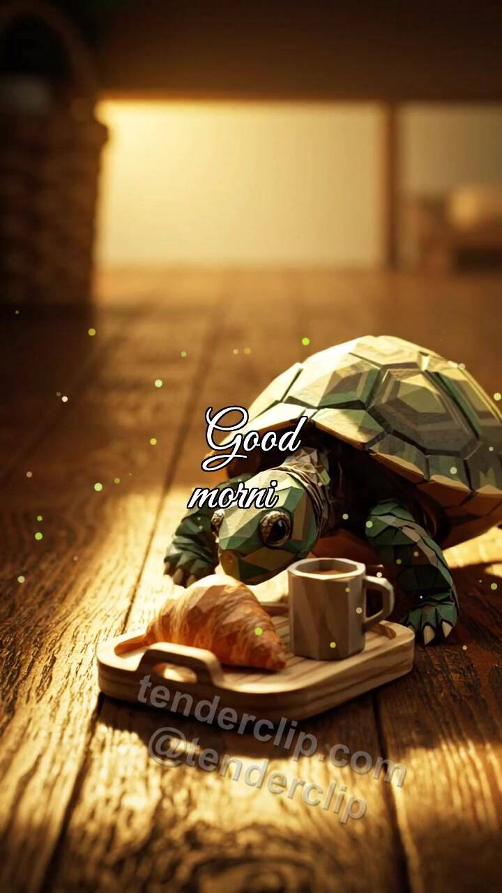 Animated greeting card about Good morning: turtle pushes breakfast tray