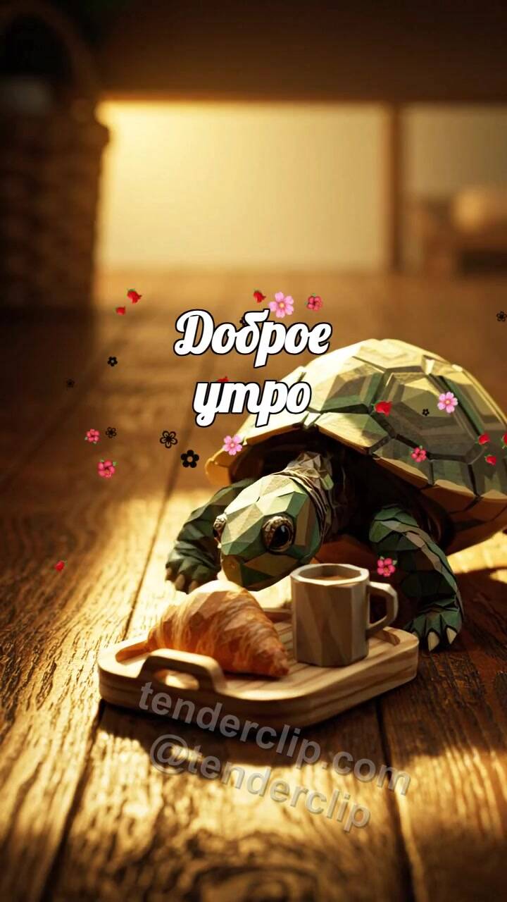 Анимационная открытка на тему Доброе утро: черепашка везёт завтрак к свету