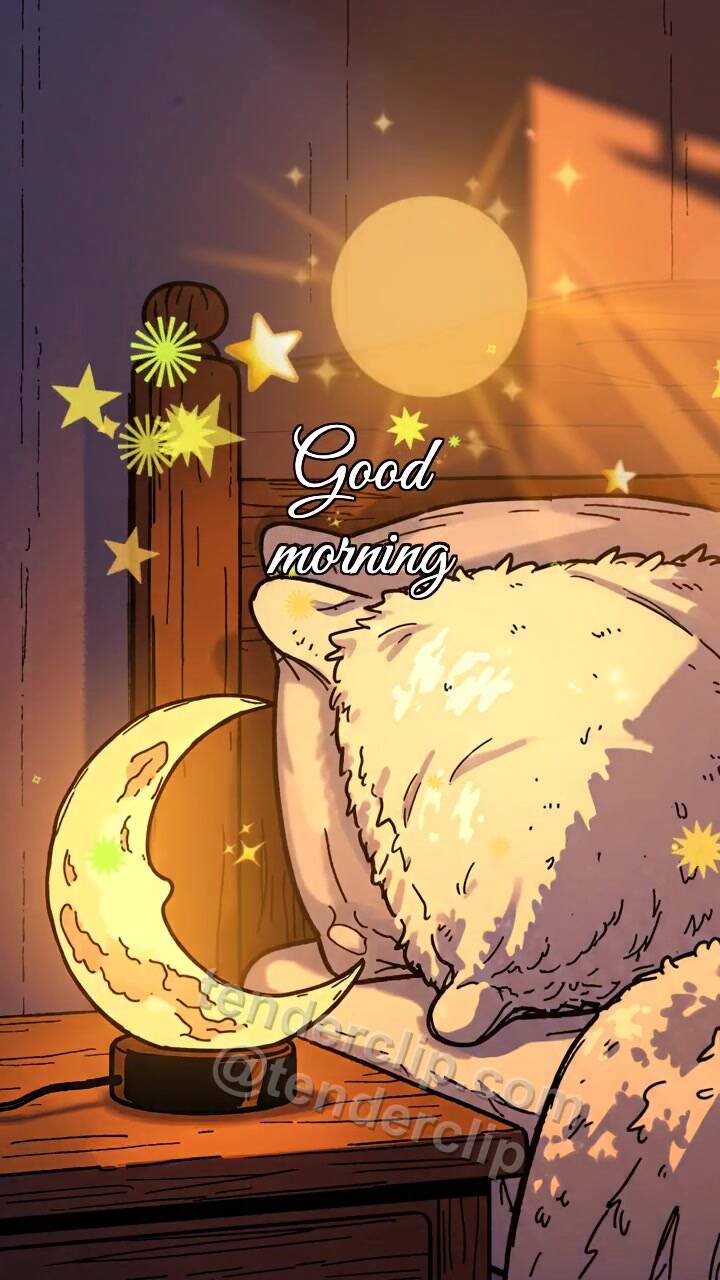 Animated greeting card about Good morning: moon nightlight turns off