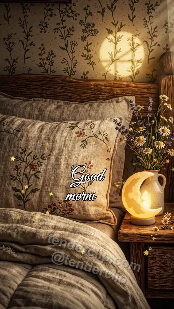 Animated greeting card about Good morning: moon nightlight turns off